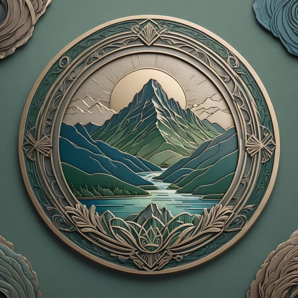 Art Deco Mountain River Emblem in Earthy Tones