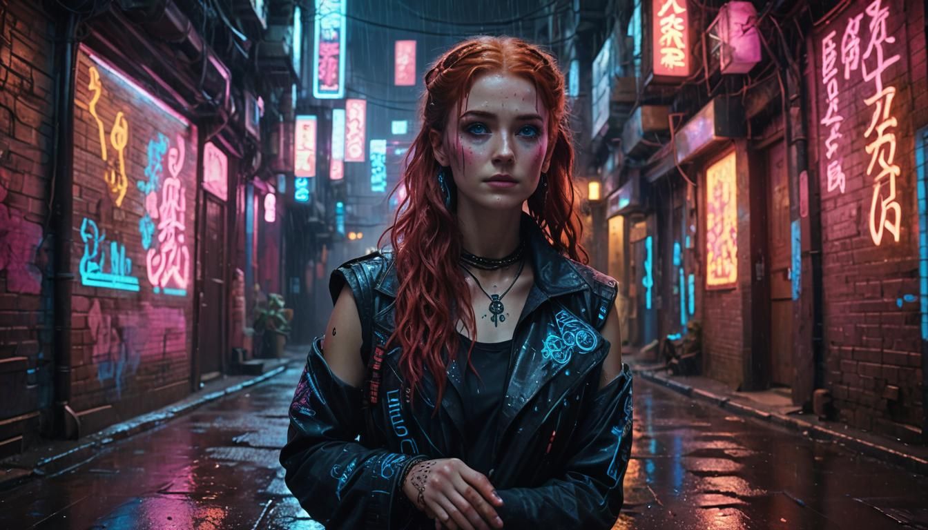 Cyberpunk Beauty in Neon-lit Alleyway