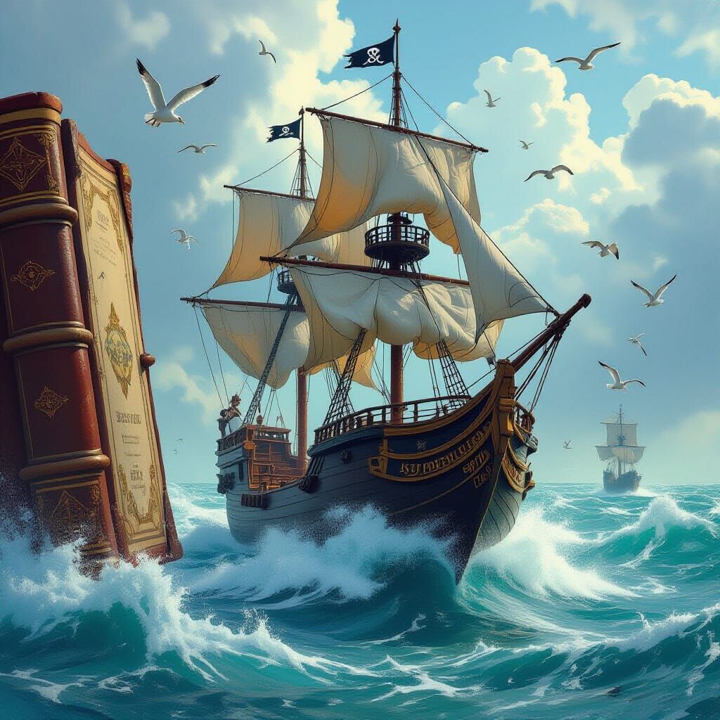 Pirate Ship Emerges from Book into Stormy Seas