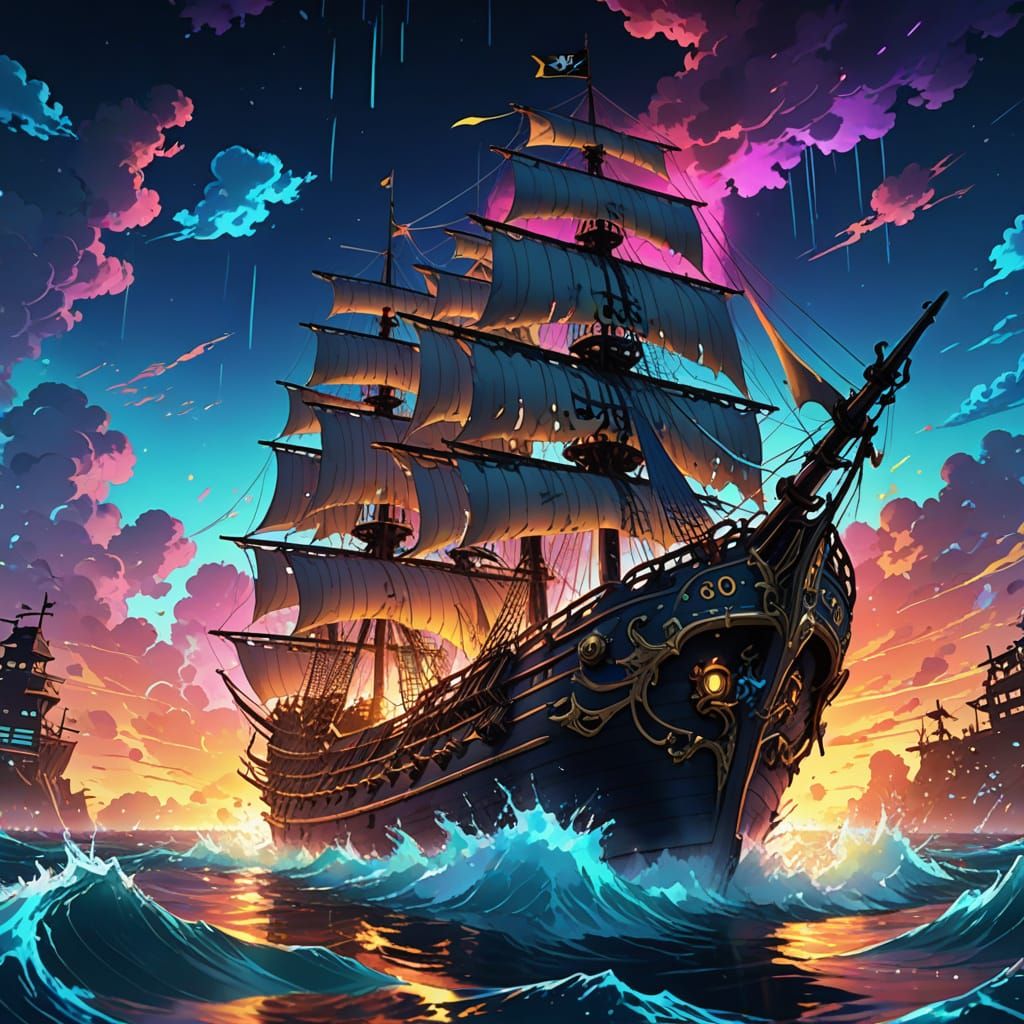 Pirate Ship Navigates Temporal Rift in Anime Style