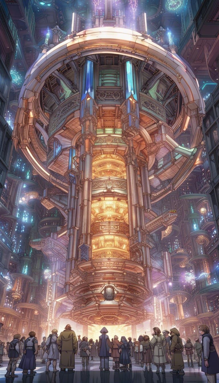 Final Fantasy, crystal in center of massive engine. Engine with crystal core, crystal with beautiful radiant colors. Sci...