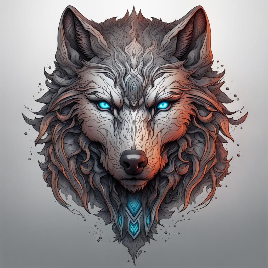Detailed Line Art Wolf Head in Deep Color