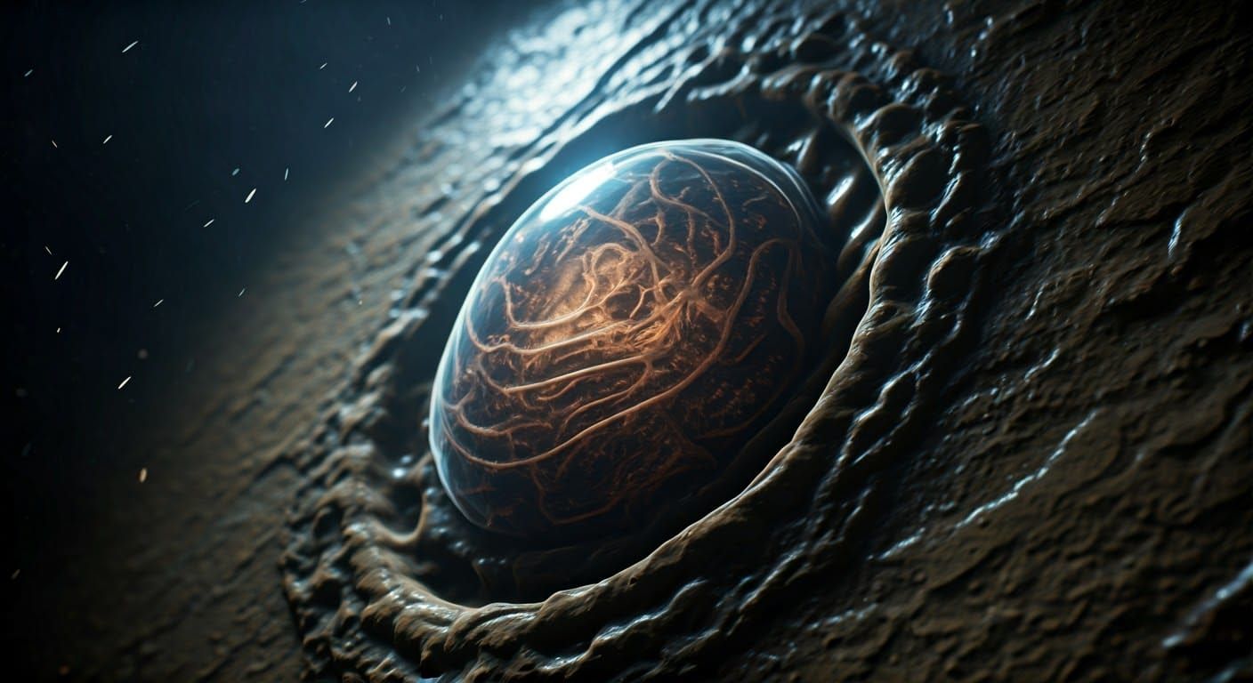 Ethereal Alien Cocoon Embedded in Decaying Earthy Wall