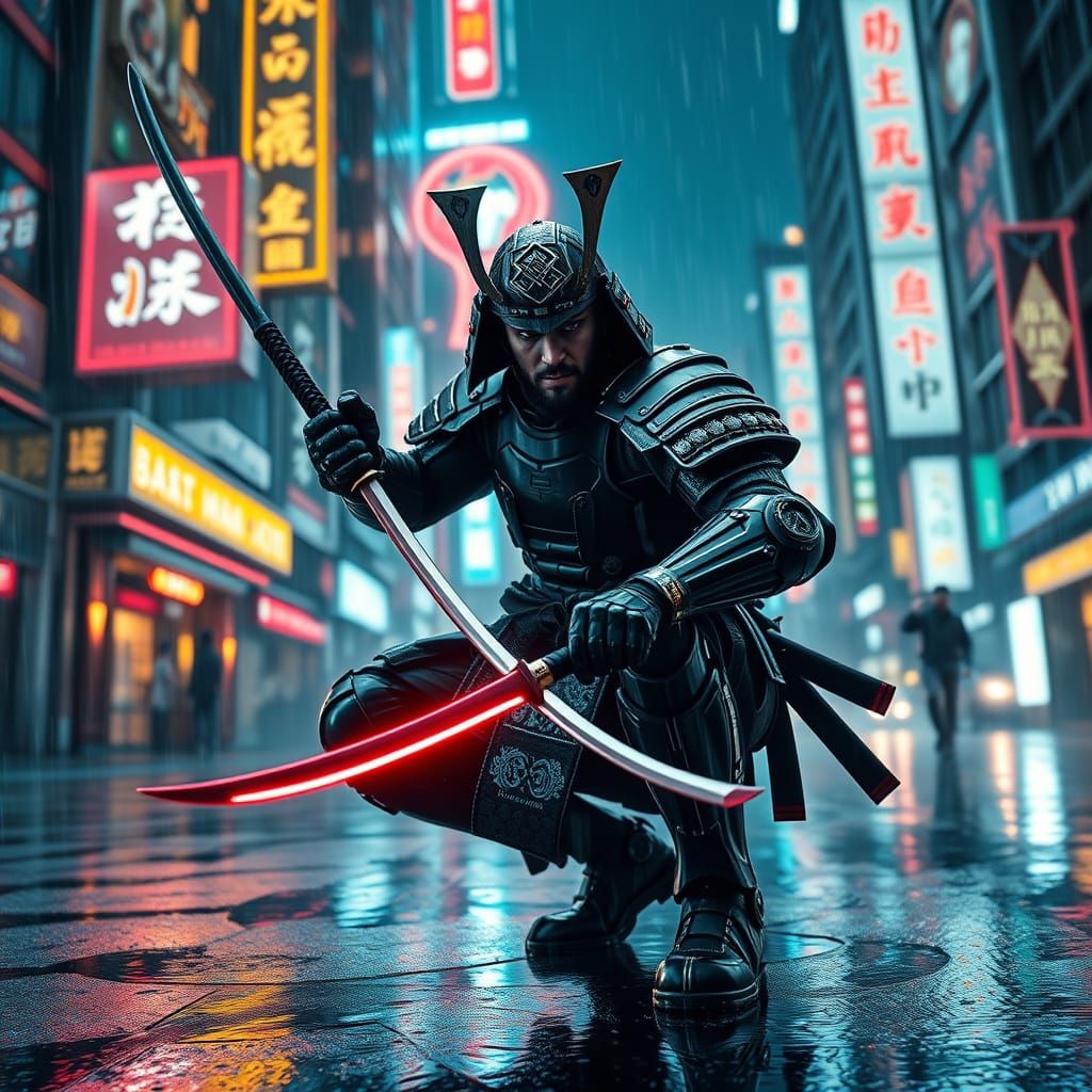 Cybernetic Samurai Unleashes Fury in Neon-Drenched City