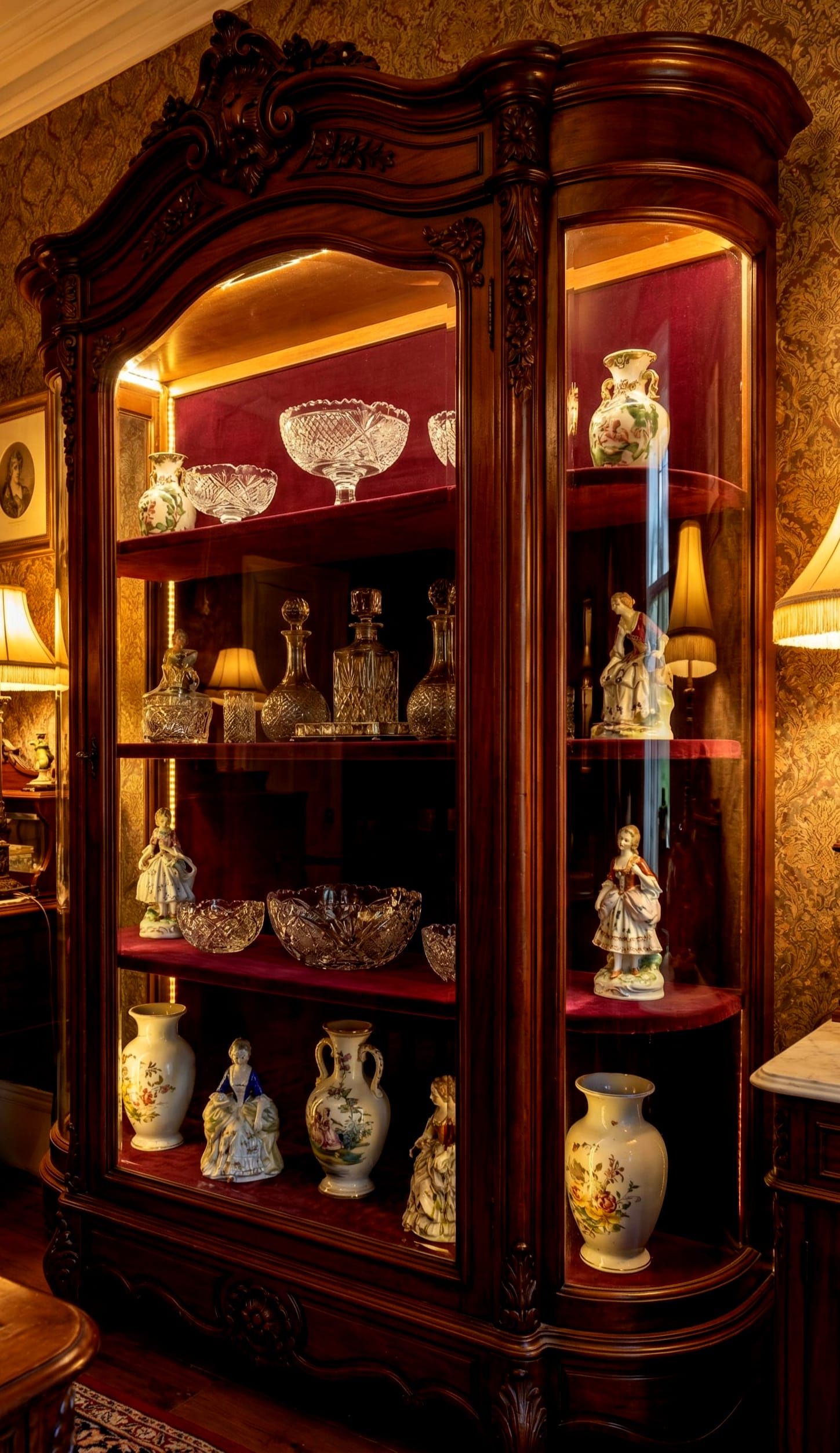Victorian Ornament Display Case with Cut Glass and Ceramics