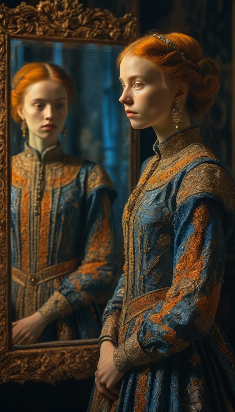 Ornate Portrait of Woman Gazing in Mirror
