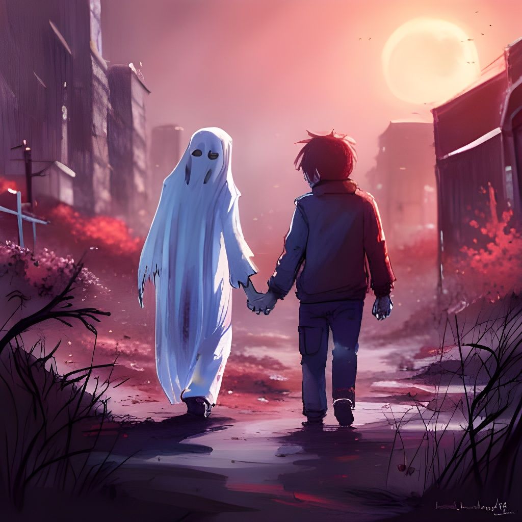 Two White Ghosts Holding Hands: Digital Illustration