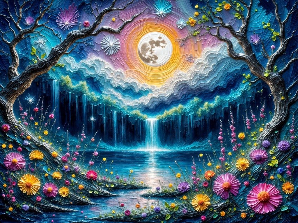 Impasto Acrylic Masterpiece: Moonrise over a Serene Lake