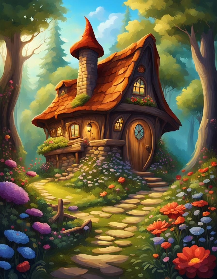 Enchanted Dwarf House in Forest, Digital Art