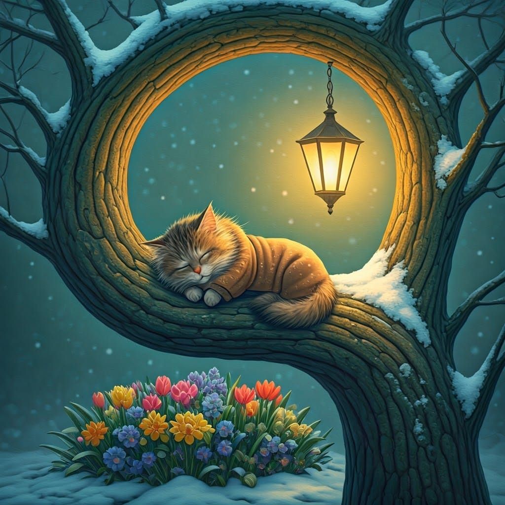 Whimsical Winter Cat in Spring's Hush