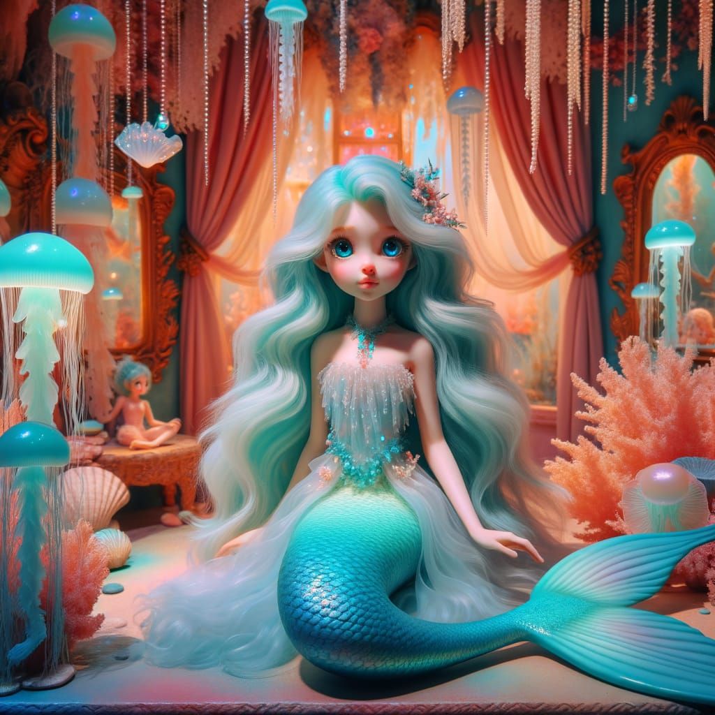 Young Mermaid Goddess Poseidonia in Pastel Colors