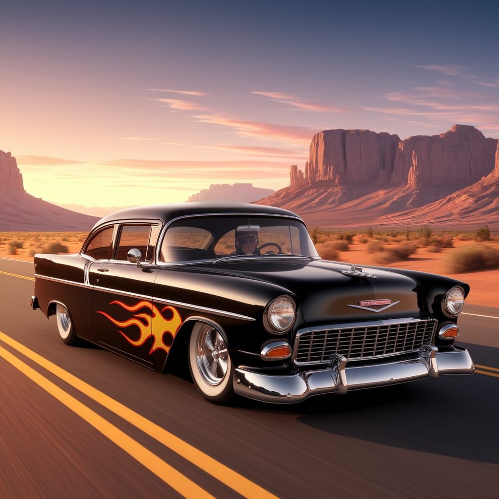 Surreal 1956 Chevy Hotrod Speeds Down Desert Road at Sunset