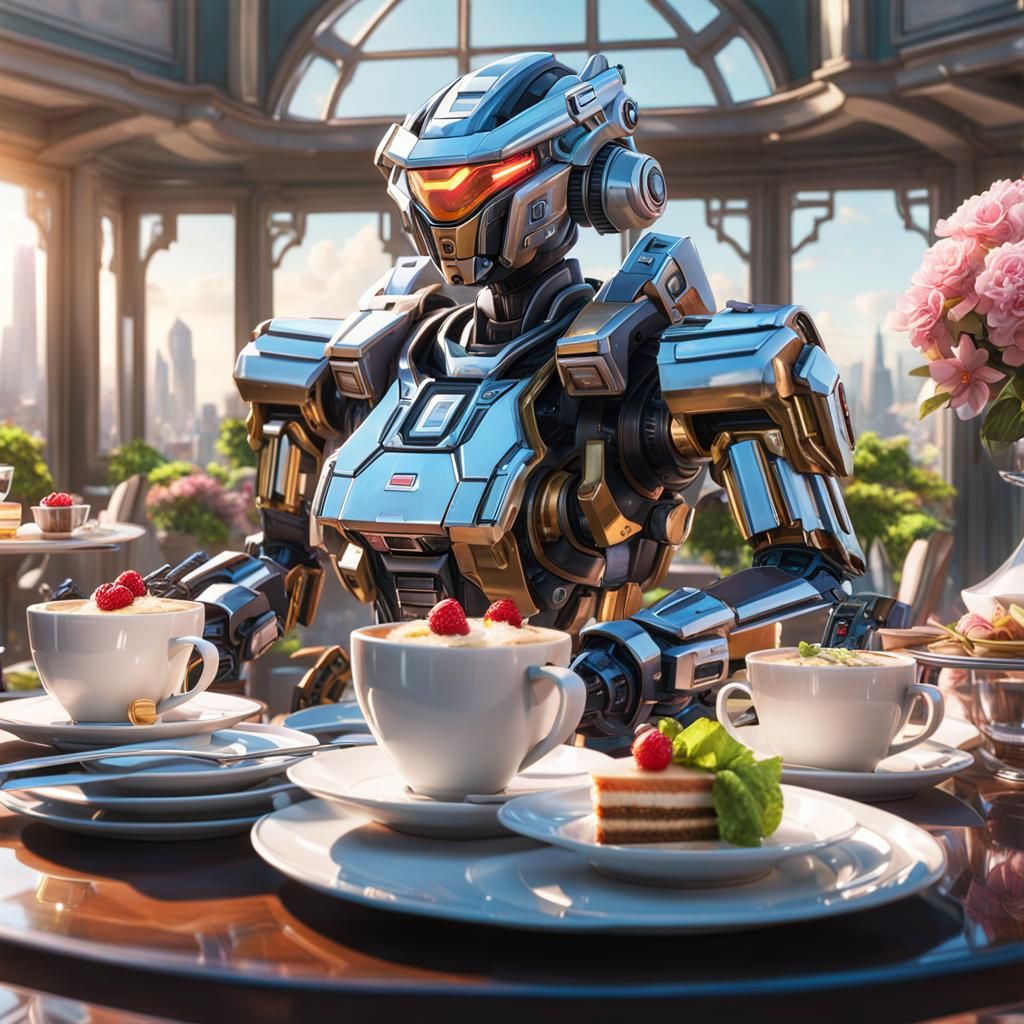 Mecha Cyborgs Enjoying High Afternoon Tea