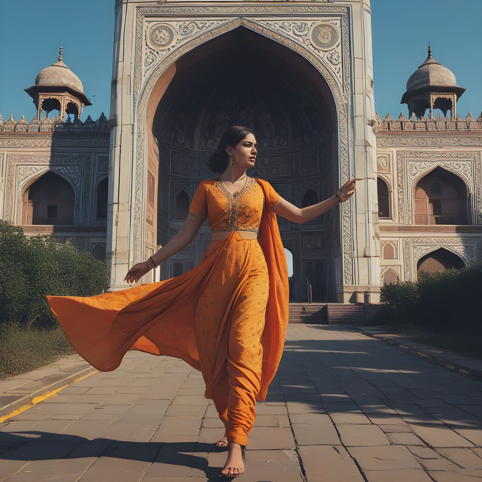 Woman Dancing in Front of the Taj Mahal in Vibrant Street Ar...