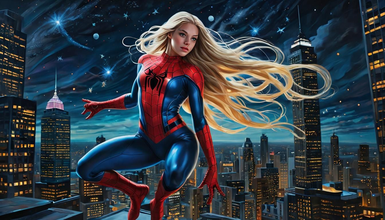 Cosmic Spider-Man in Sakura Surrealism Oil Painting