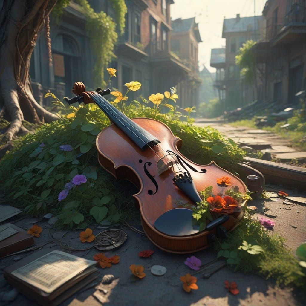 Post-Apocalyptic Violin with Money Tree Blossoms