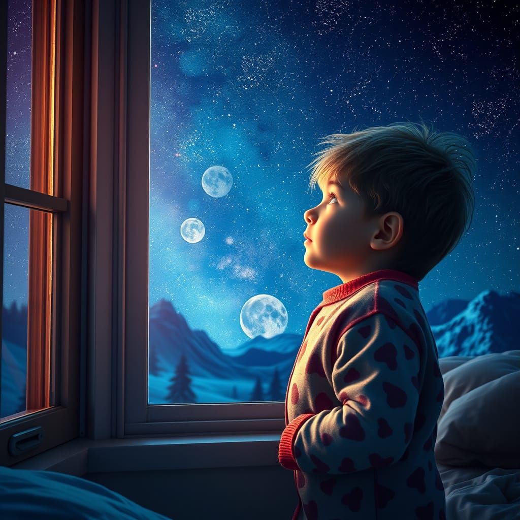 Child Gazes at Epic Starry Night Digital Matte Painting