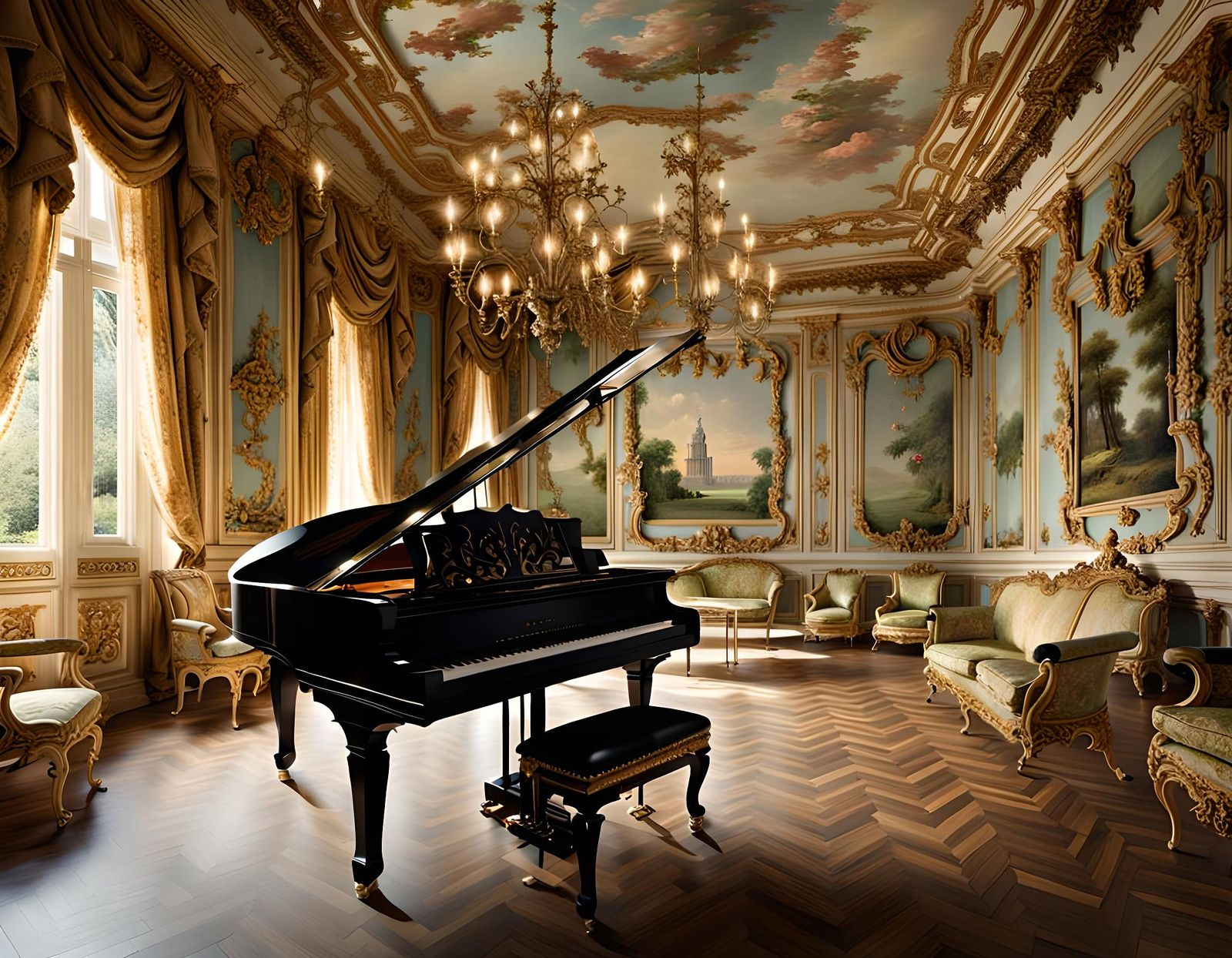 Elegant Rococo Piano Room Interior Design