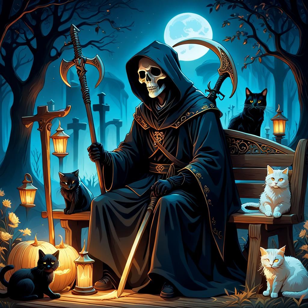 Death Surrounded by Cats in Fantasy Illustration
