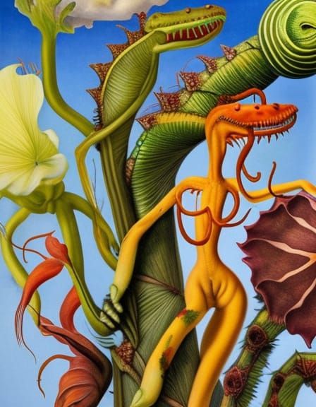 Botanical Illustration of Fantastic Creatures and Fly Traps