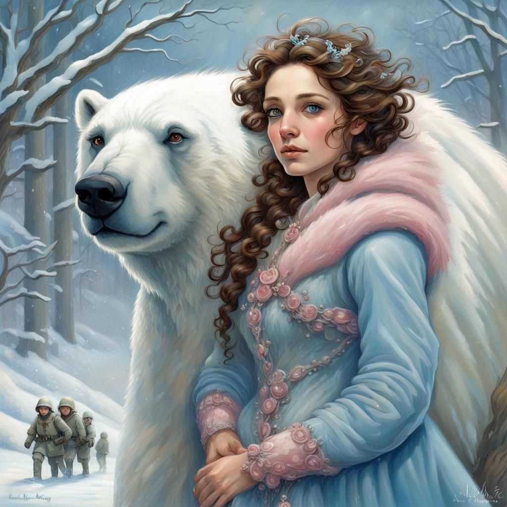 Snow Queen Rides Polar Bear in Blizzard