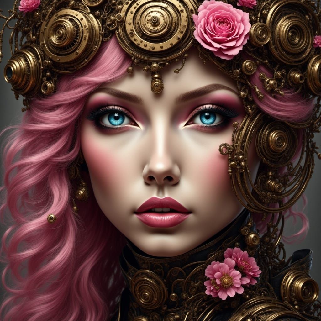 Steampunk Woman Portrait with Pink Hair and Gears