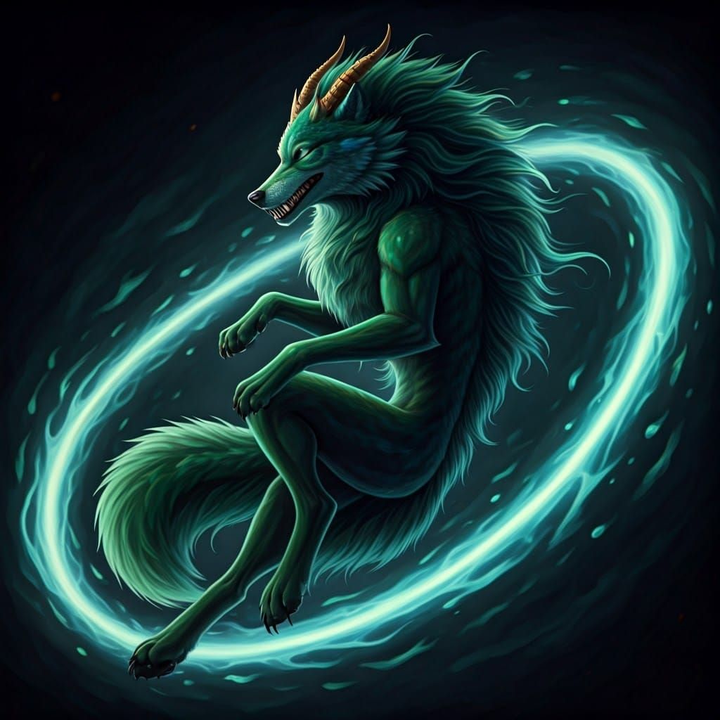 Ethereal Drakewolf Soars Amidst Swirling Flames in a Vibrant...