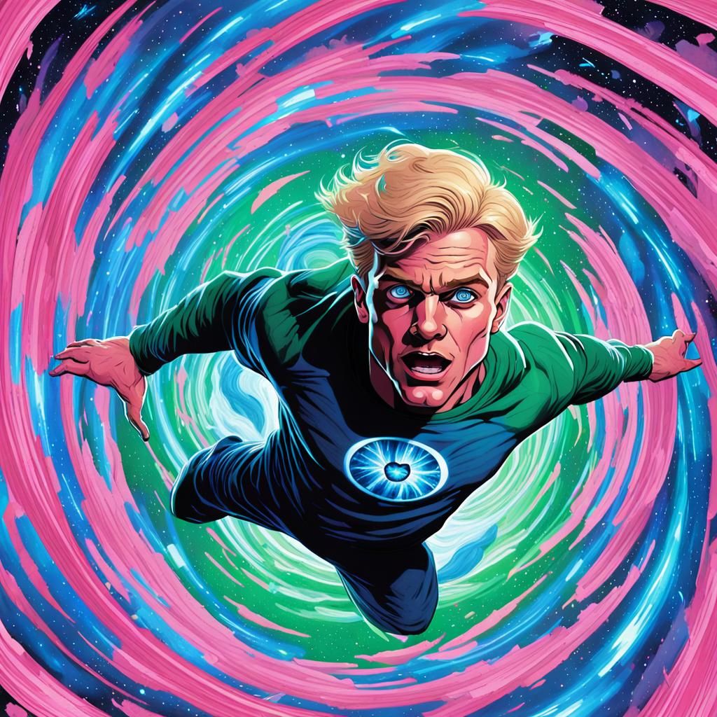 Hopeful Hero Flies Through Colorful Vortex, Comic Art