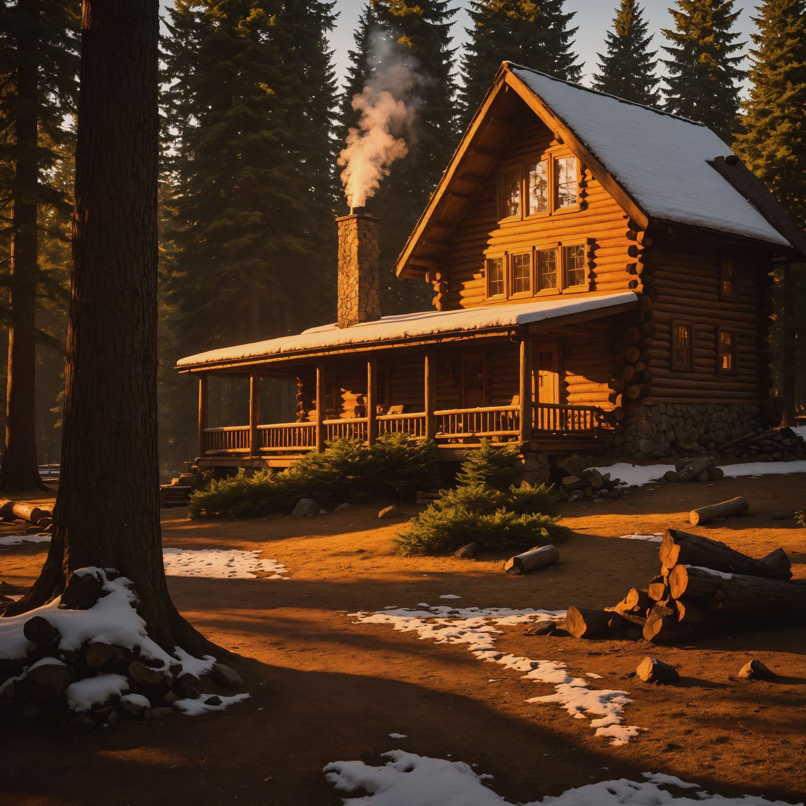 Cozy Log Cabin in Snowy Woods at Sunset