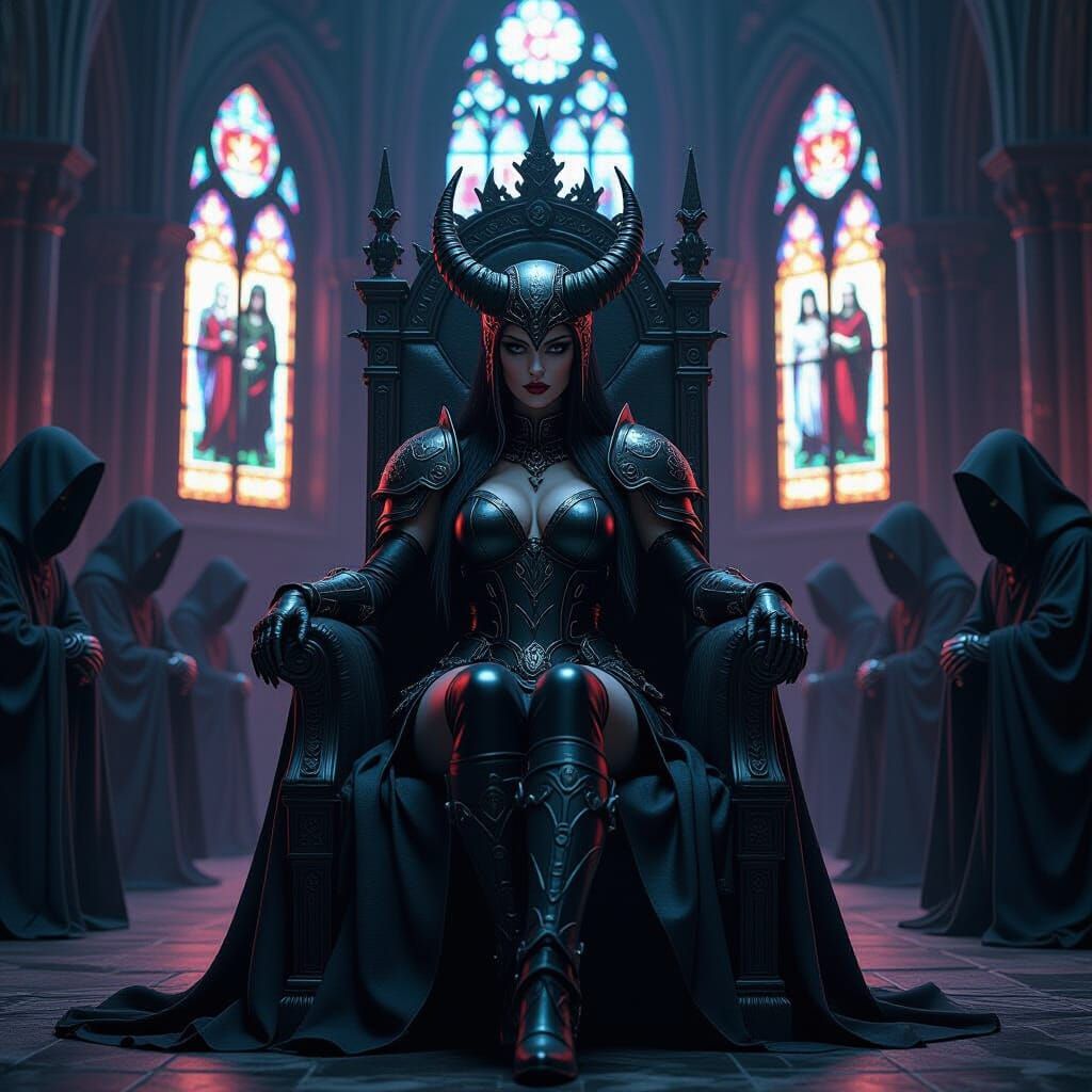 Gothic Goddess on Throne with Neon Cathedral