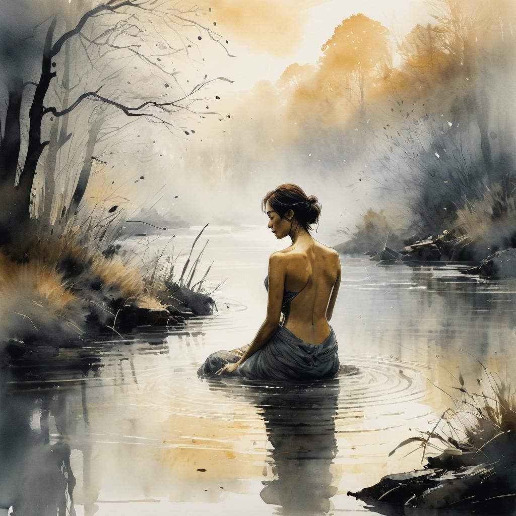 Woman Bathing in River: Watercolour Impressionist Style