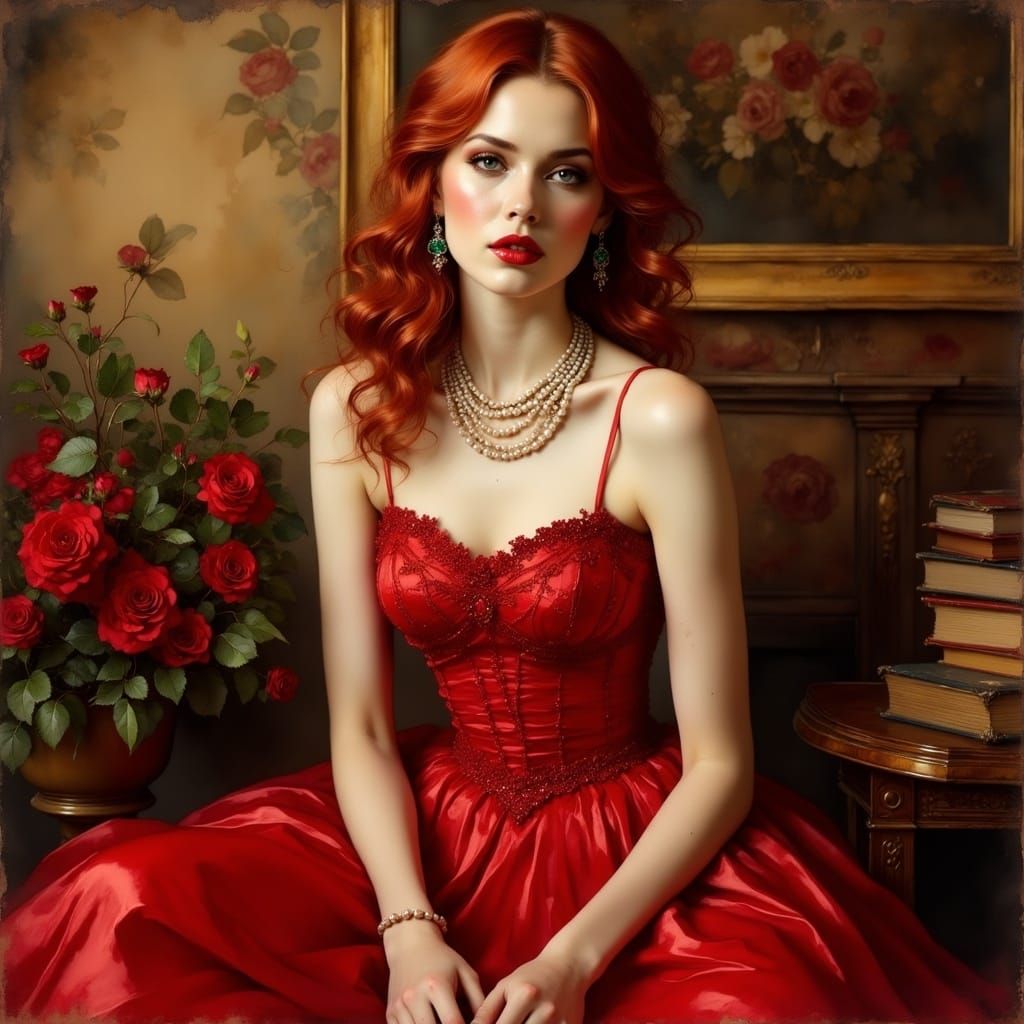 Elegant Auburn-Haired Lady in Candy Apple Red Ball Gown