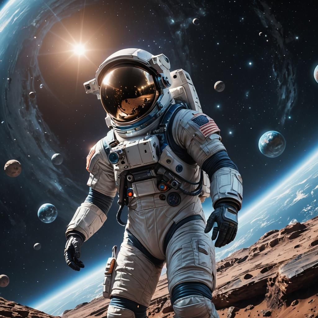 Astronaut Floats in Space Near Glowing Planet