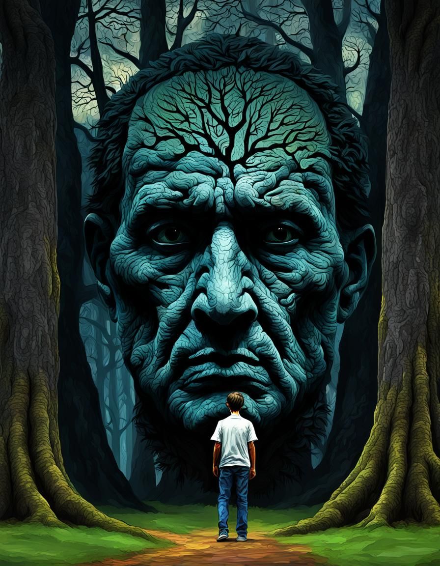 Dark Face Lurking Behind Majestic Trees