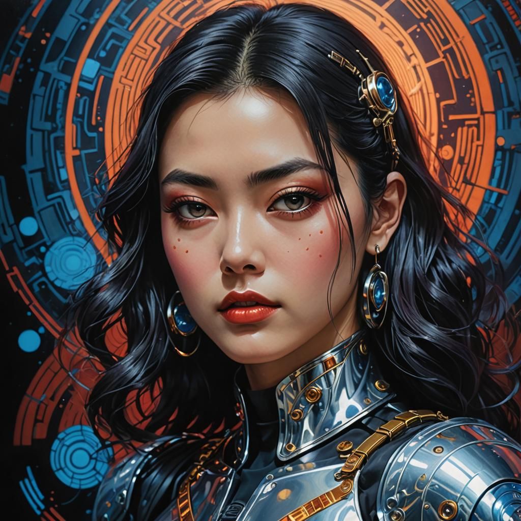 Sensual Woman Warrior in Retro-Futuristic Fantasy Landscape
