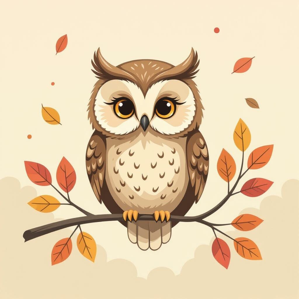 Whimsical Owl Illustration in Soft Autumn Colors