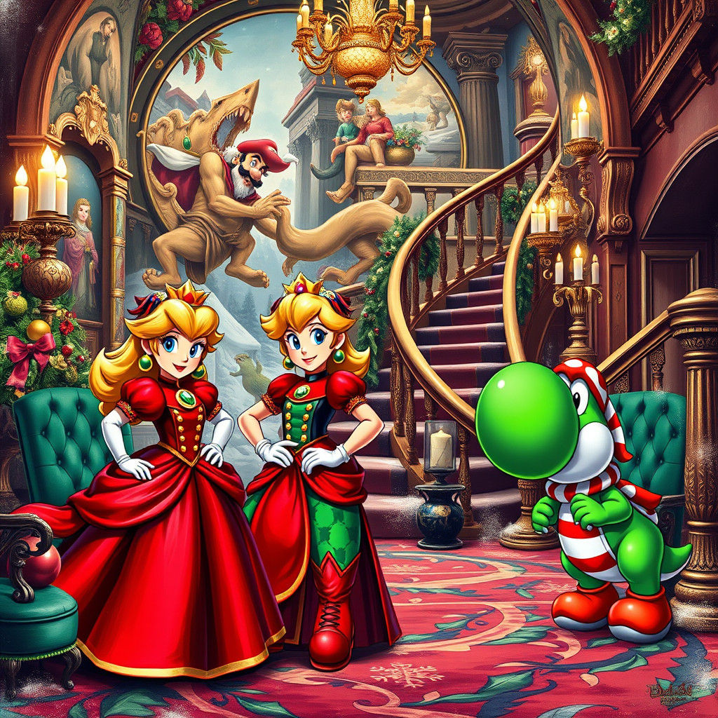 Mario Christmas Scene in Oil Gouache Style