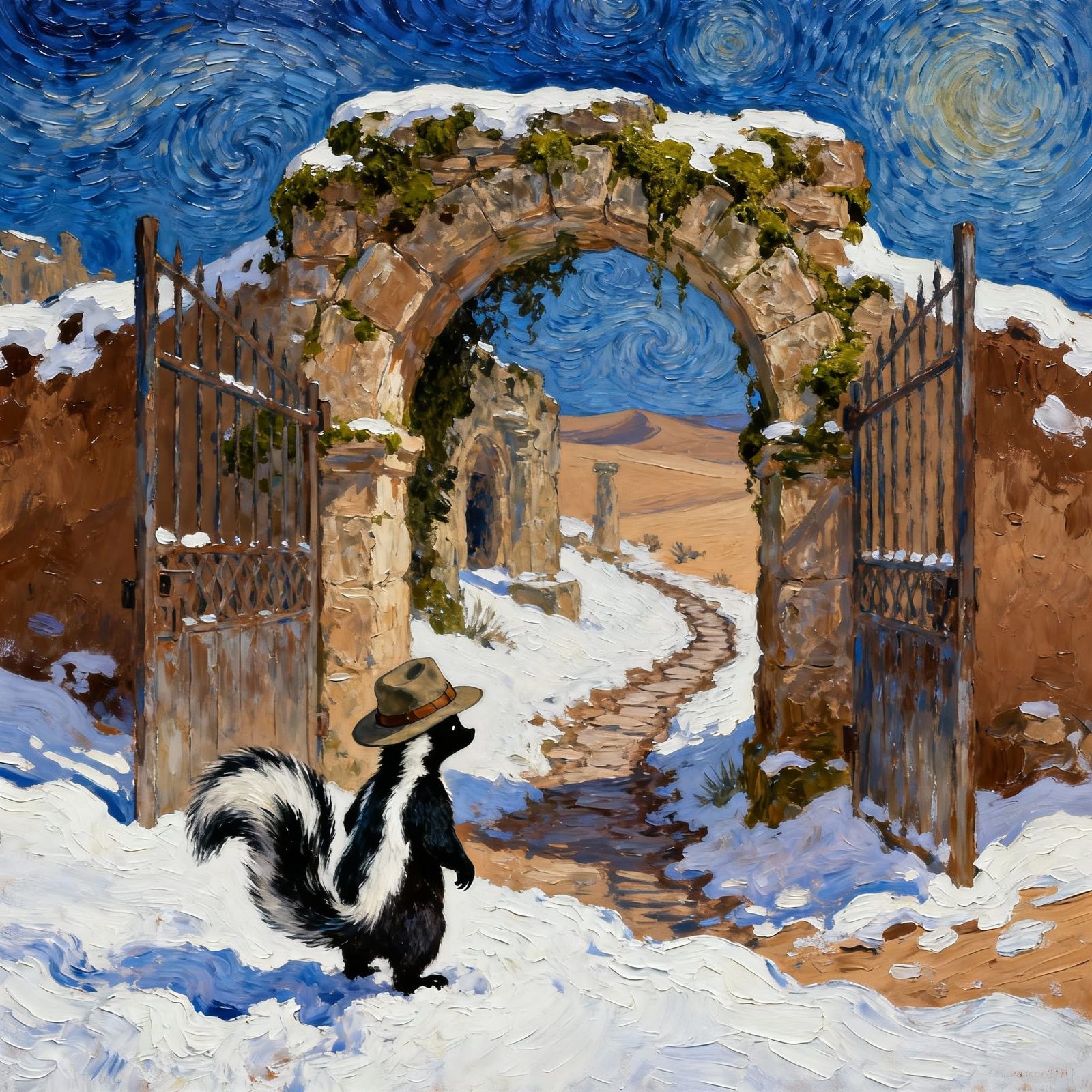 Skunk Explorer Gazes at Ancient Desert City in Oil Painting ...