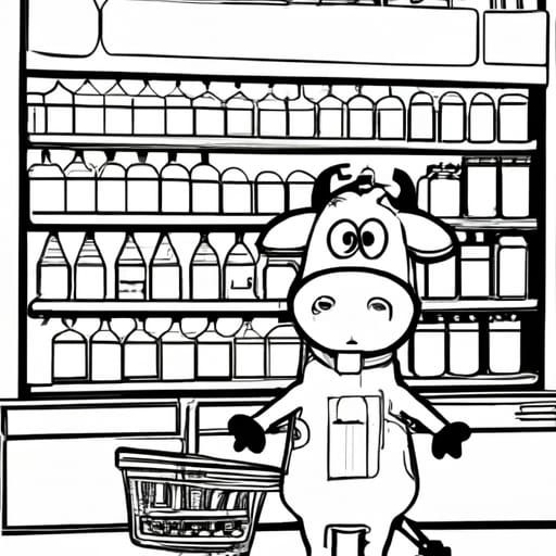 A cartoon cow in a grocery store produce section.