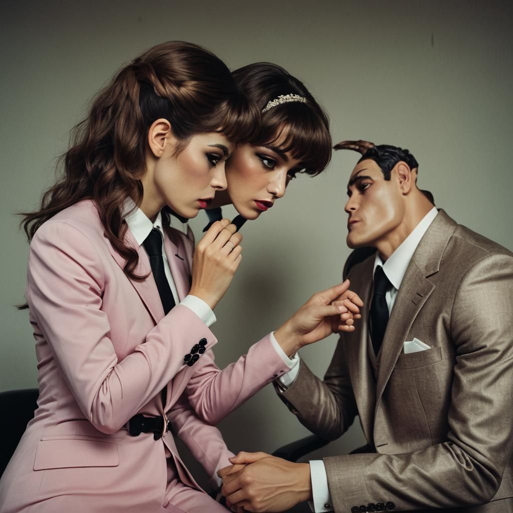 Young Woman Kisses Hand of Muscular Crossdresser