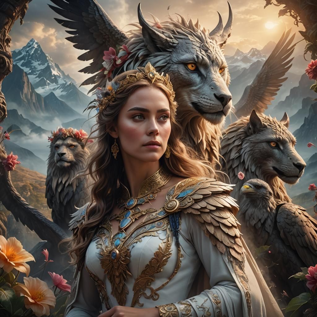 Fantasy Woman Portrait with Mythical Creatures