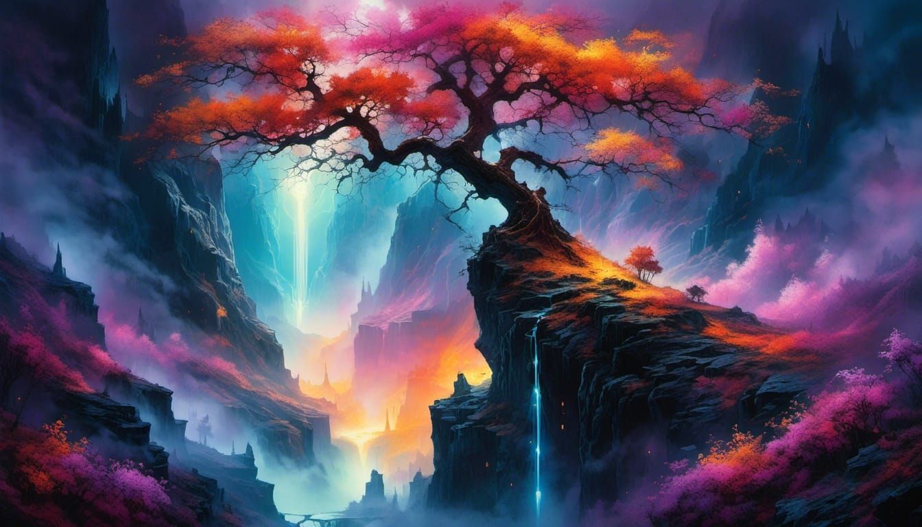 Ethereal Cathedrals in Misty Dreamscape, Digital Watercolor