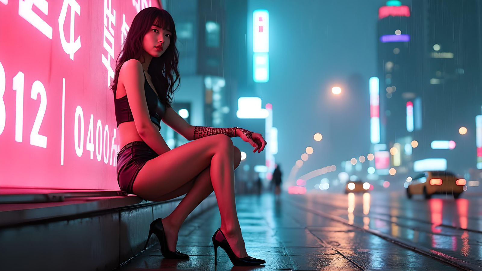 Asian Cyborg Girl in Rainy Futuristic City