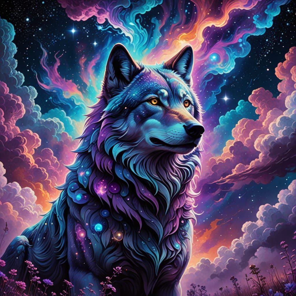 Cosmic Australian Wolf in Vibrant, Swirling Clouds