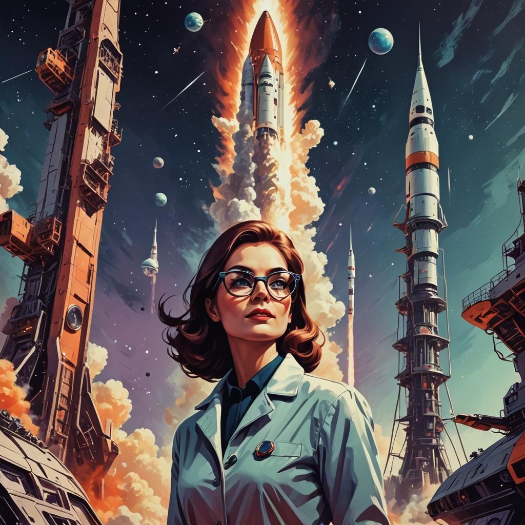 girl scientist in glasses against the background of a spaces...