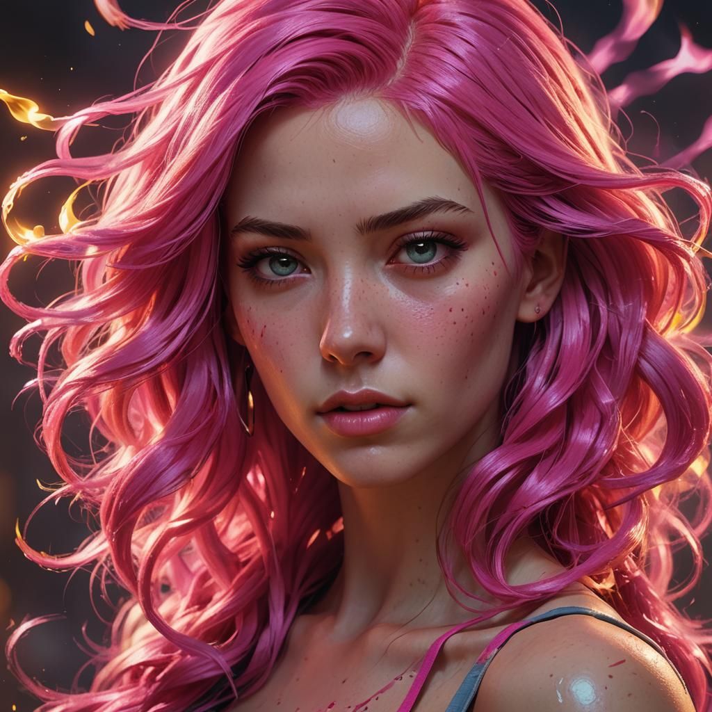 Pink-Haired Woman Portrait in Hyper-Realistic Style