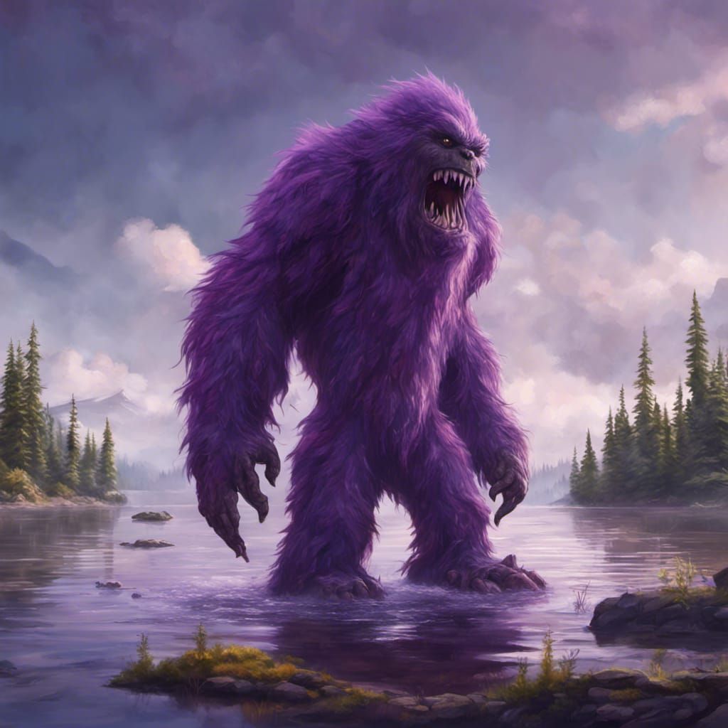 Giant Purple Furry Monster Emerges from Lake: Digital Painti...