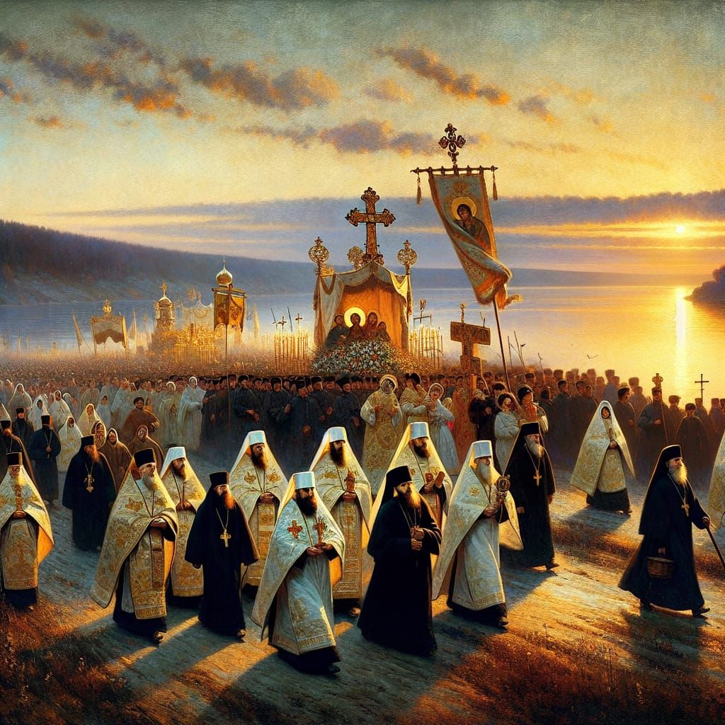 Painting in Peredvizhniki style showing a religious orthodox...