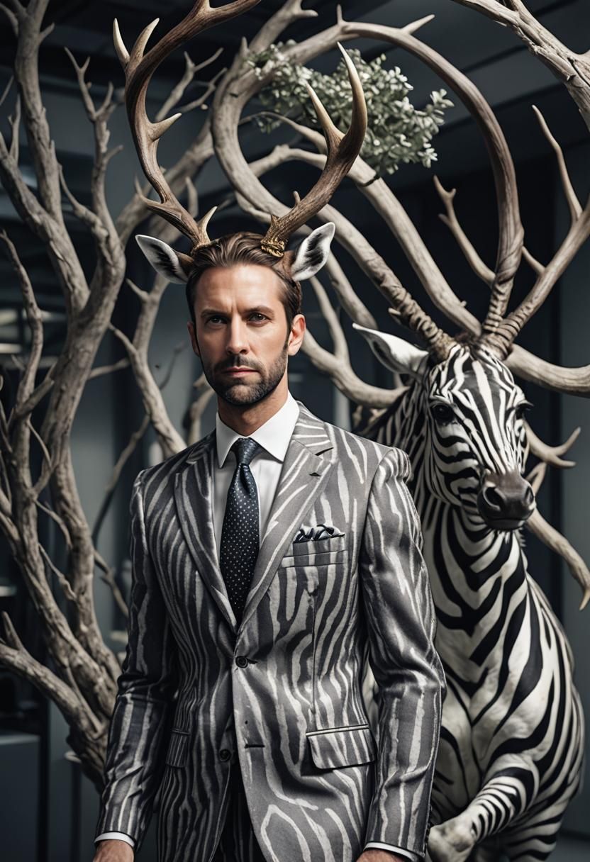 Surreal Man in Zebra Suit with Antlers