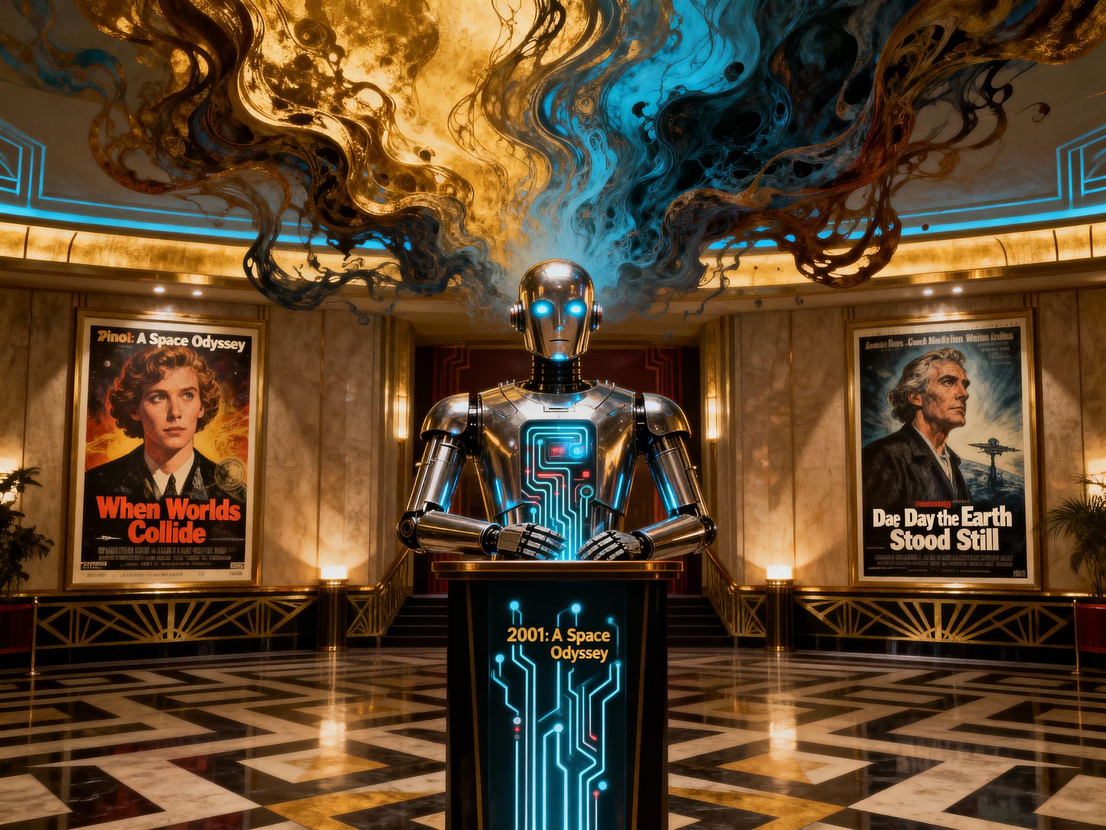 Futuristic Robot Usher in Art Deco Cinema